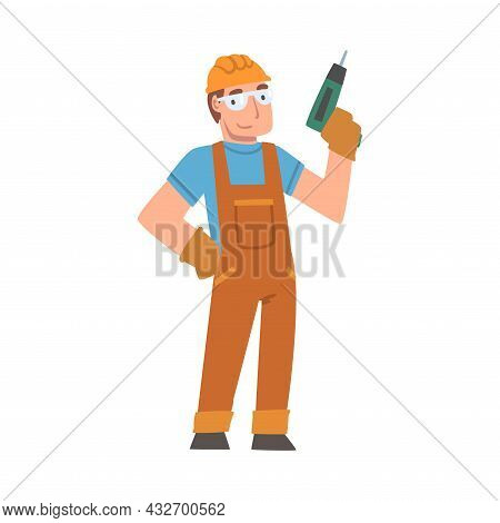Handyman Or Fixer As Skilled Man In Overall With Drill Engaged In Home Repair Work Vector Illustrati