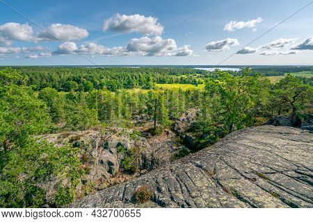 Beautiful Summer Day In Swedish Landscape Of Segersgarde Nature Reservation. Green Forests, Meadows 