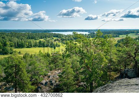 Beautiful Summer Day In Swedish Landscape Of Segersgarde Nature Reservation. Green Forests, Meadows 