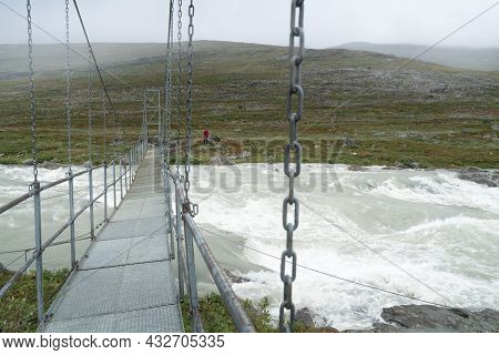 The Guhkesvakkjahka Suspension Bridge Between Sarek And Stora Sjofallet National Parks In Sweden. Br