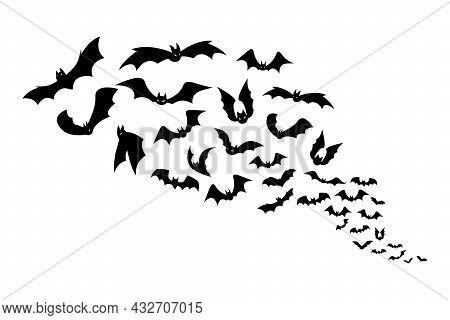 Halloween Bats. Group Of Flying Creepy Monster Animals. Black Silhouettes Of Scary Vampires Flock. G