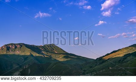Mountains Of North Ossetia, Beautiful Summer Landscapes With Blue Sky And Clouds.
