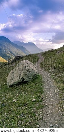 Mountain View At Sunset. North Ossetia Alania. The Surroundings Of The City Of Fiagdon.
