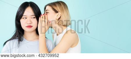 Rumors Spreading. Gossip Share. Conceptual Banner. Caucasian Woman Whispering Information To Conspir