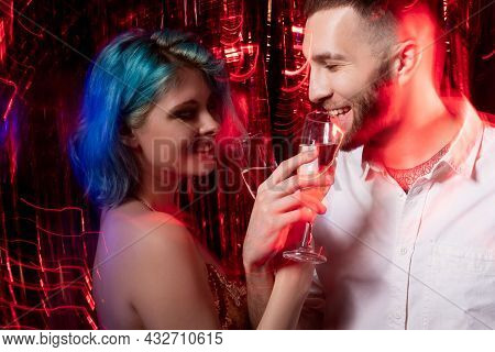Wedding Party. Beloved Couple. Festive Celebration. Enjoying Holiday. Pleased Man And Woman Looking 