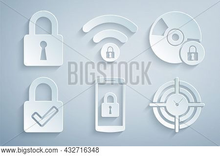 Set Smartphone With Lock, Cd Or Dvd Disk, Lock And Check Mark, Time Management, Wifi Locked And Icon