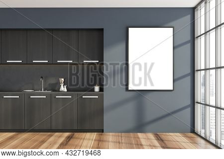 Empty Canvas On The Dark Blue Wall Of The Black Wood Kitchen With A Marble Splashback And Metallic H