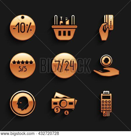 Set Clock 24 Hours, Stacks Paper Money Cash, Pos Terminal With Credit Card, Hand Holding Coin, Coin,