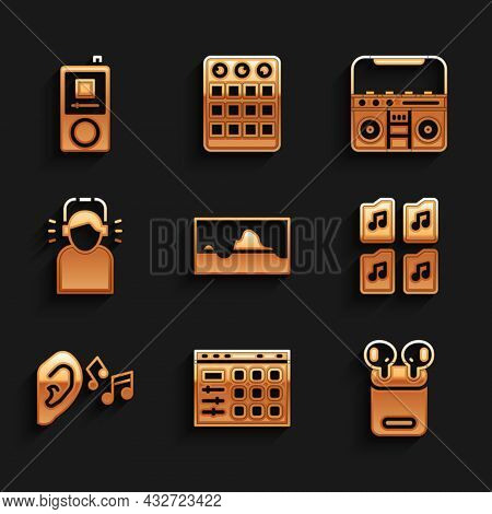 Set Music Wave Equalizer, Drum Machine, Air Headphones Box, File Document, Ear Listen Sound Signal, 