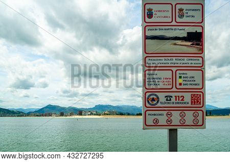 Santona, Spain - July 4, 2021: Information Panel On The Beach In The Village Of Santona, Cantabria, 