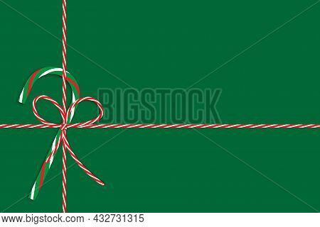 Christmas Decoration With Green Candy Cane, Red And Yellow Bow, Ribbon. Holiday Gift. Vector Illustr