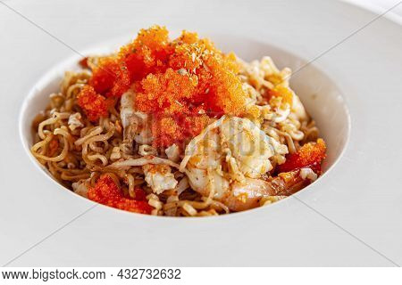 A Plate Of Instant Noodles Stir-fried With Fresh Shrimp And Ebiko