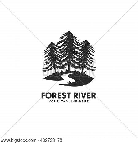 Forest And River Logo, Pine Tree Forest Textured Vintage Logo Icon Illustration For Camping And Expl