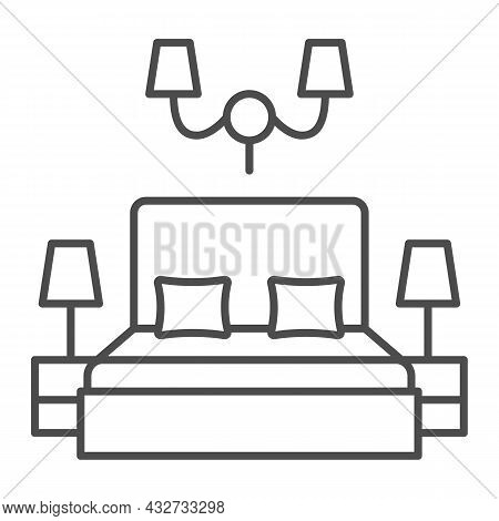 Big Bed With Pillows And Lamps Thin Line Icon, Interior Design Concept, Light In Bedroom Vector Sign