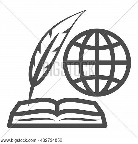 Globe, Opened Book And Feather Pen Line Icon, Education Concept, Inernational Studies Vector Sign On