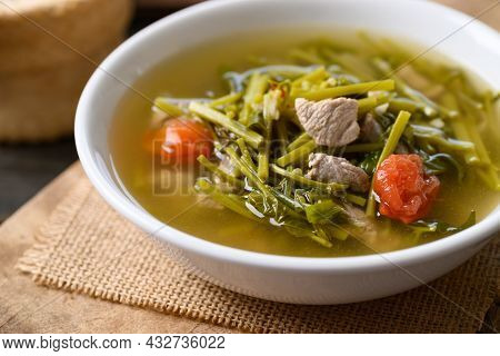 Northern Thai Food (kaeng Puk Plung), Ceylon Spinach Or Malabar Spinach Soup With Pork In A Bowl On 