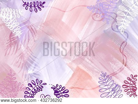 Multikolored Frame Of White, Violet And Blue Leaves With Pattern On Watercolor Paint Abstract Colorf