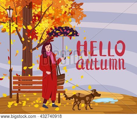 Young Woman With Dog And Umbrella In The Autumn Park City, Trendy Clothes Street Fashionable Style O