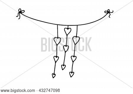 Doodle Valentines Day Thread Garland. Hand-drawn Festoon Isolated On White Background. Outline Festi