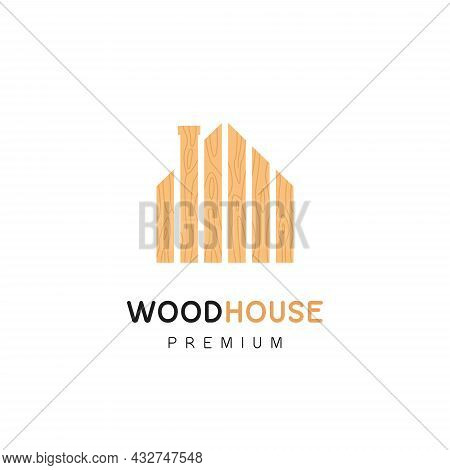 Wooden Wood House Logo With Brown Wood Plank Texture In House Shape Icon Illustration Concept