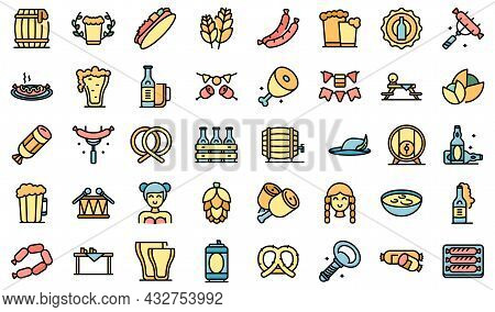 German Cuisine Icons Set Outline Vector. Cafe Sausage. German Chicken Cooking Color Flat
