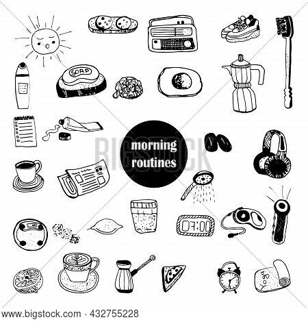 A Set Of Doodles Of Morning Routines Before Work