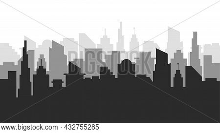 Gray Silhouette Of Modern City Skyline. Cityscape With Sun And Clouds. Vector Illustration In Flat S