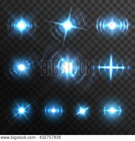 Blue Light Flares, Fiery Energy Burst Realistic Effects, Vector Star Shine. Blue Light Glow And Spar
