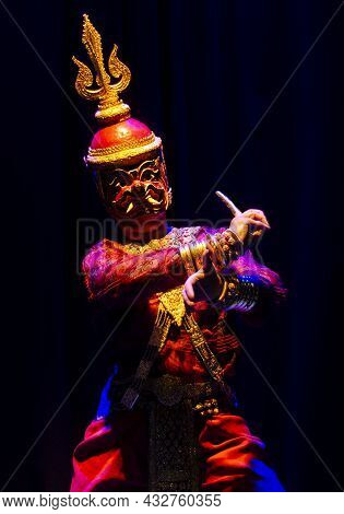 Lakhon Khol Khmer Masked Dance Performer In Costume At Phnom Penh Cambodia Theater Stage