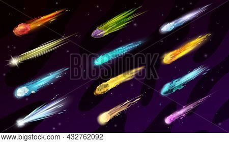 Cartoon Space Comets, Asteroids, Meteors, Meteorites Game Asset. Falling Glowing Fireballs With Flam