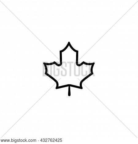 Black Line Maple Leaf With Little Stem. Vector Icon. Isolated On White. Autumn Single Leaf Silhouett