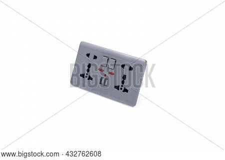 Universal Wall Outlet Ac Power Plug With Usb 5.0v Dc Output Socket Isolated On White Background.