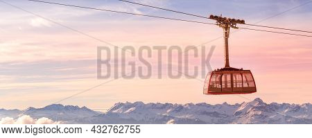 Cable Car Tram And Pink Sunset Snow Mountains Banner Panorama Of French Alps Near Chamonix Mont-blan