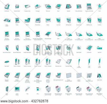 Set Of Vector Printing Icons. Brochure, Business Card, Flyer, Magazine, Postcard, Poster, Banner, Ro