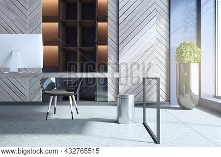 Modern Concrete And Wooden Home Office Interior With Workplace, Bookcase And Daylight. 3d Rendering