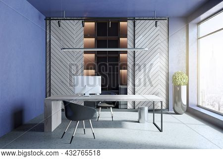 Modern Blue And Concrete Home Office Interior With Workplace, Bookcase, Window With City View And Da