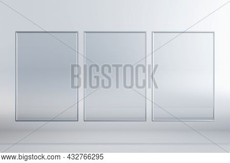 Empty Three Rectangular Glass Frame Posters On White Background. Mock Up, 3d Rendering