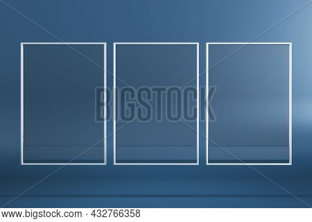 Empty Three Rectangular Glass Frame Posters On Blue Background. Mock Up, 3d Rendering