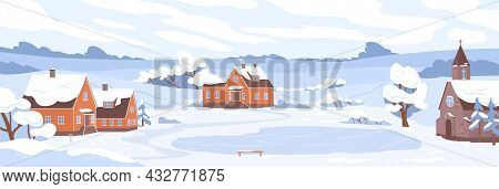 Winter Village Landscape With Houses And Trees Covered With Snow. Panorama Of Rural Nature With Buil