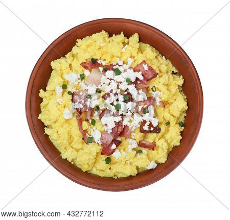 Tasty Banosh With Brynza And Pork Cracklings In Bowl Isolated On White, Top View. Traditional Ukrain