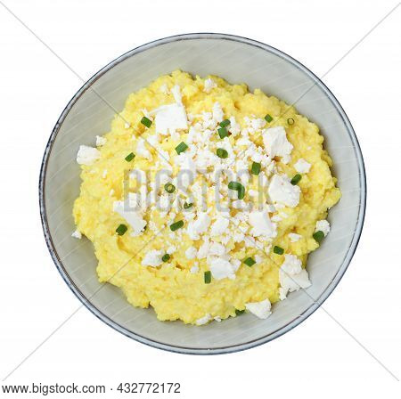 Tasty Banosh With Brynza And Cut Green Onions In Bowl Isolated On White. Traditional Ukrainian Dish