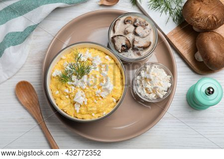 Delicious Traditional Banosh Served On White Wooden Table, Flat Lay
