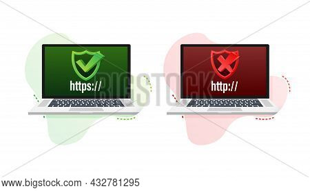 Http And Https Protocols On Shield On Laptop, On White Background. Vector Illustration.