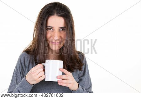 Portrait Of Happy Young Woman With Mug Cup Of Tea Coffee Hotdrink