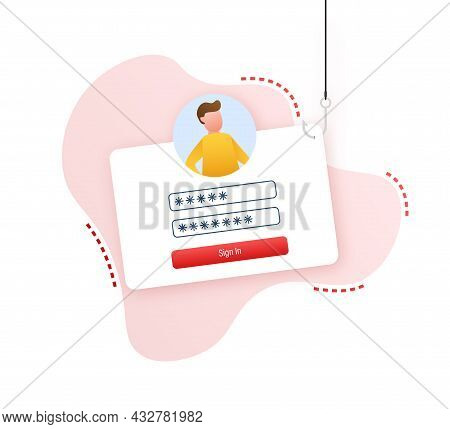 Data Phishing With Fishing Hook, Laptop, Internet Security. Vector Stock Illustration.