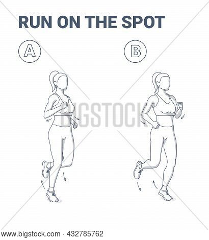 Woman Doing Jogging Exercise Fitness Home Workout Guidance Illustration. Girl Run On The Spot.