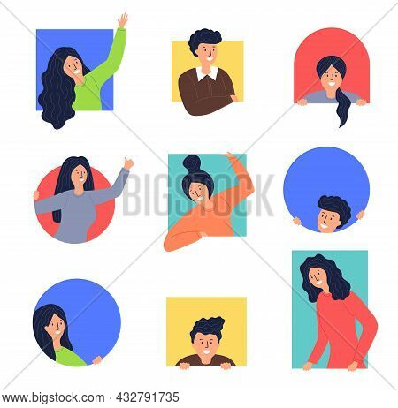 Peek People. Male Female Characters Looking Through Window Frames Peeping Persons Recent Vector Ads 