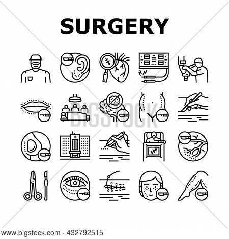 Surgery Medicine Clinic Operation Icons Set Vector. Lips And Facial Plastic Surgery, Liposuction And