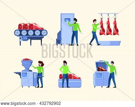 Meat Production. Industrial Equipment For Sausage Manufacturing Processing Agriculture Processes Gar