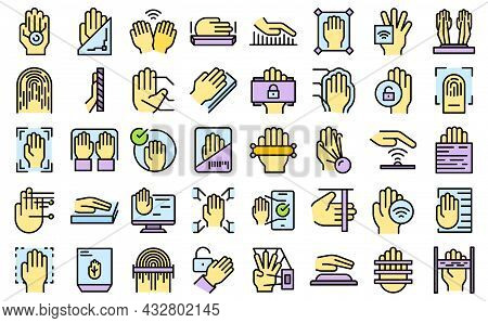 Palm Scanning Icons Set Outline Vector. Biometric Signature. Social Palm Scanning